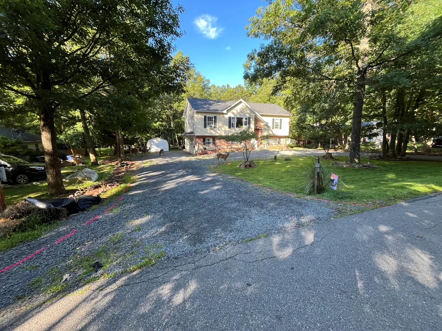 Gravel driveway marked out in pink paint before asphalt driveway paving, with deer in the yard