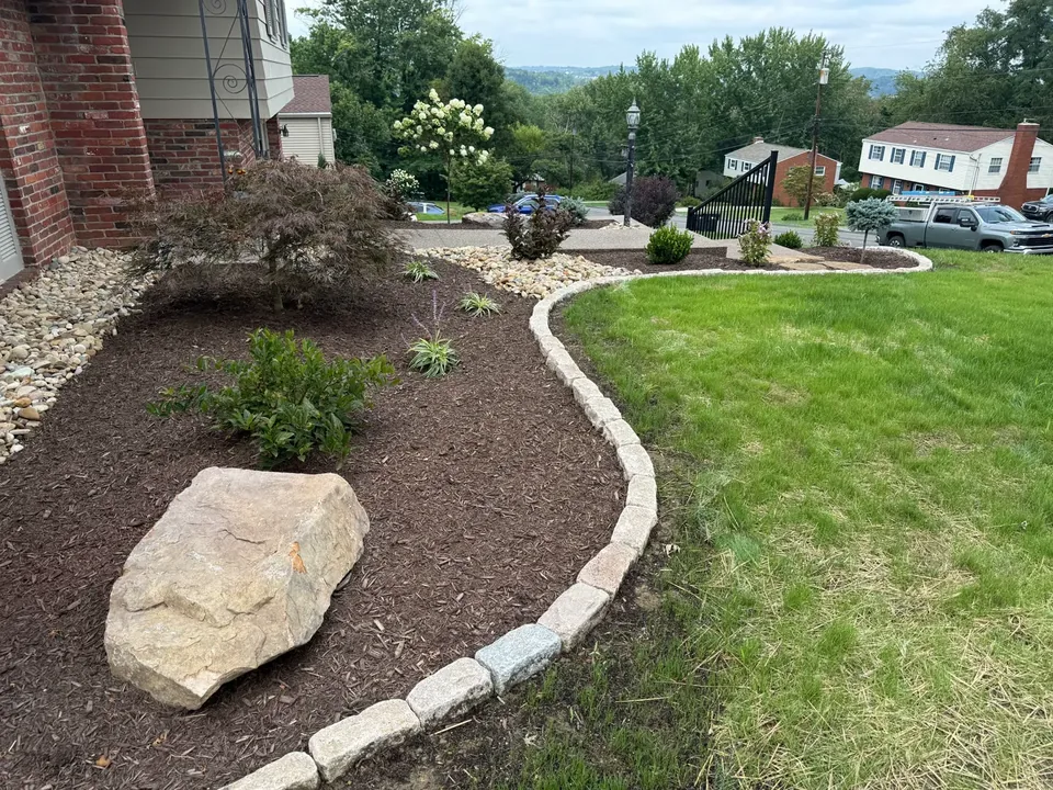 New front yard mulch bed with a boulder, a Japanese maple and a curved stone border, landscape design